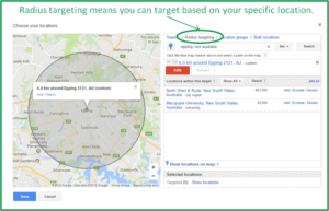 screenshot showing Google Adwords location map using radius targeting