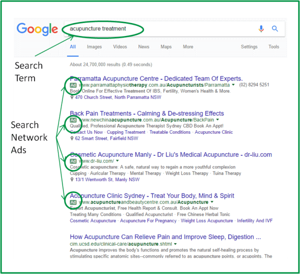 sscreenshot of Google search results page with ads and search term highlighted