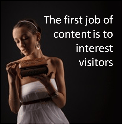 Pandora opening a box, with slogan 'The first job of content is to interest visitors'