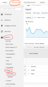 screenshot of a Google Analytics menu showing how to access the Mobile Overview report