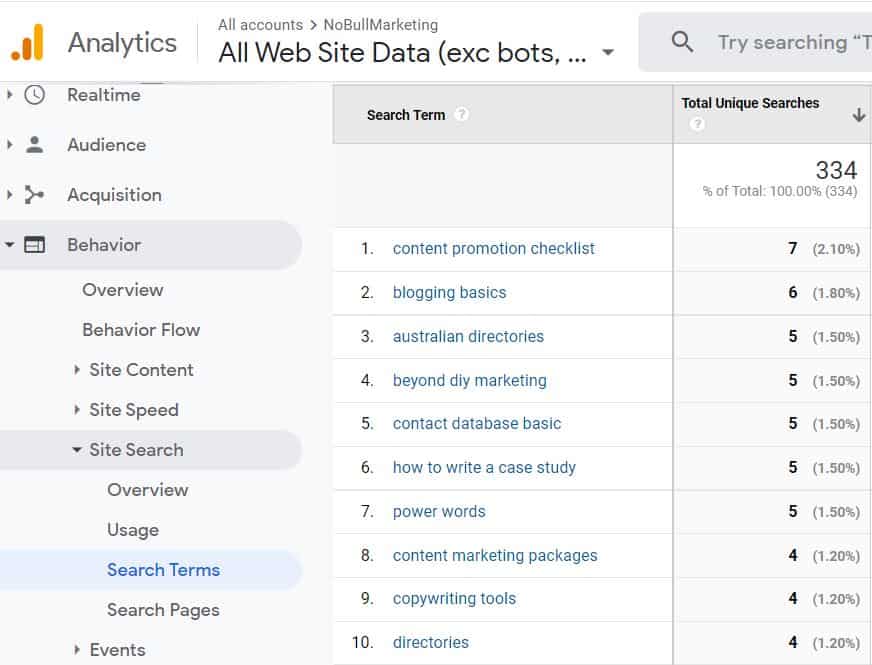 site search in google analytics