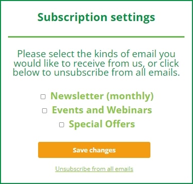 Screenshot of NoBull Marketing's email subscription options (newsletters, events and special offers)