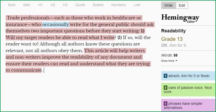 Opening sentences from a readability-formulas.com web page, shown in the Hemingway app with a Readability grade level of 13!