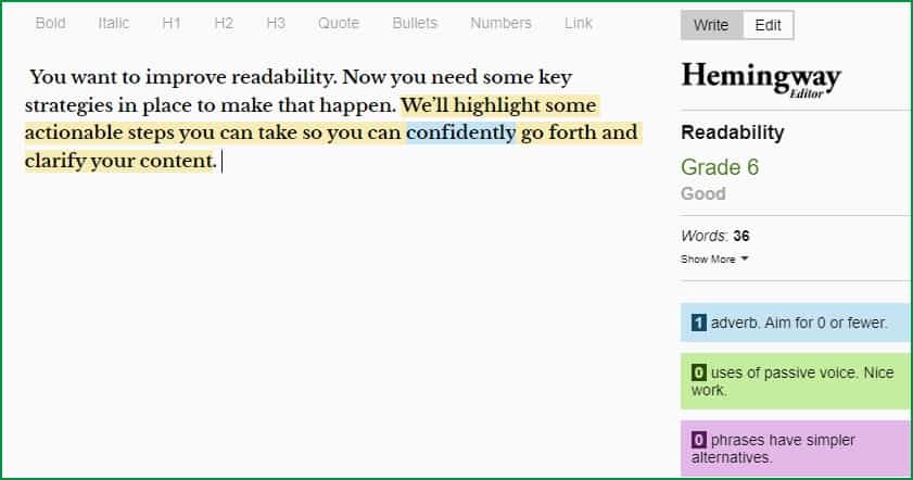 Opening sentences from a readable.com web page, shown in the Hemingway app with a Readability grade level of 6