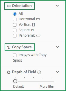 Adobe Stock copy space and orientation image search filter