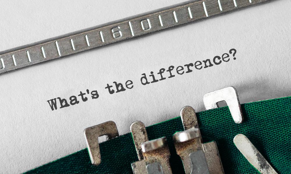 An old typewriter with the words "what's the difference?" to illustrate the question of proofreading vs copyediting vs copywriting