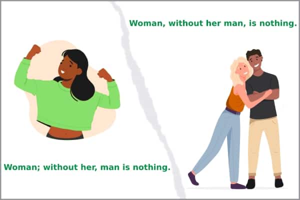 Image of an independent woman vs a woman dependent to a man. Showing the importance of proofreading punctuation among the words - Woman, without her man, is nothing. Woman; without her, man is nothing.