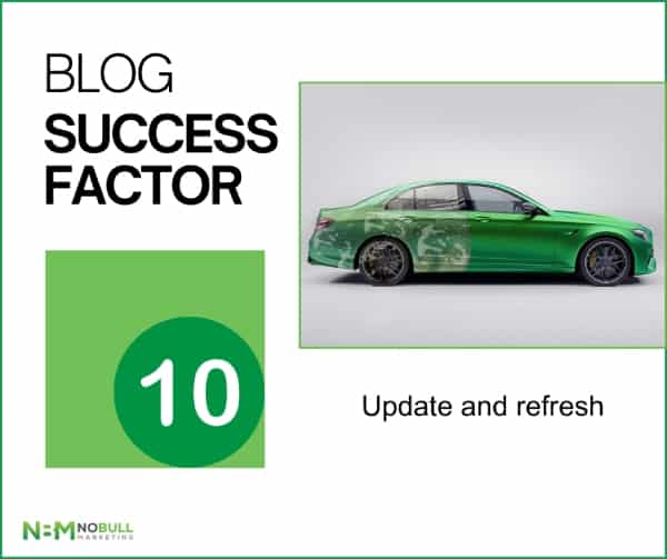 An image depicting a car with the right side gleaming clean and the left side covered in dirt and bubbles. This image serves as a visual metaphor for the importance of refreshing and updating content on your blog regularly. 