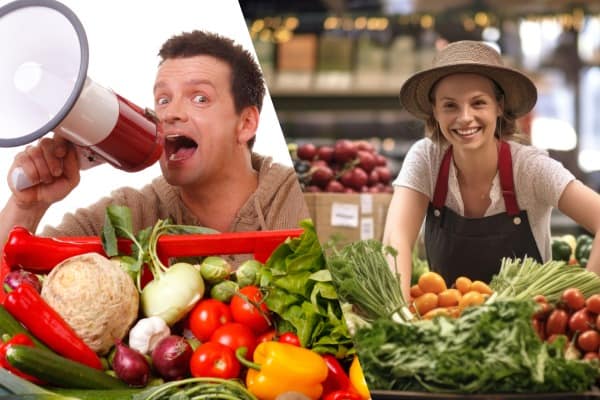 Man using a megaphone to spruik his vegetables for sale represents direct selling copywriting, while the woman who smiles from behind her vegetable stall represents relationship-building