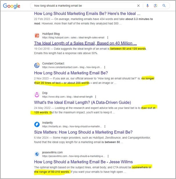 Google results about email length